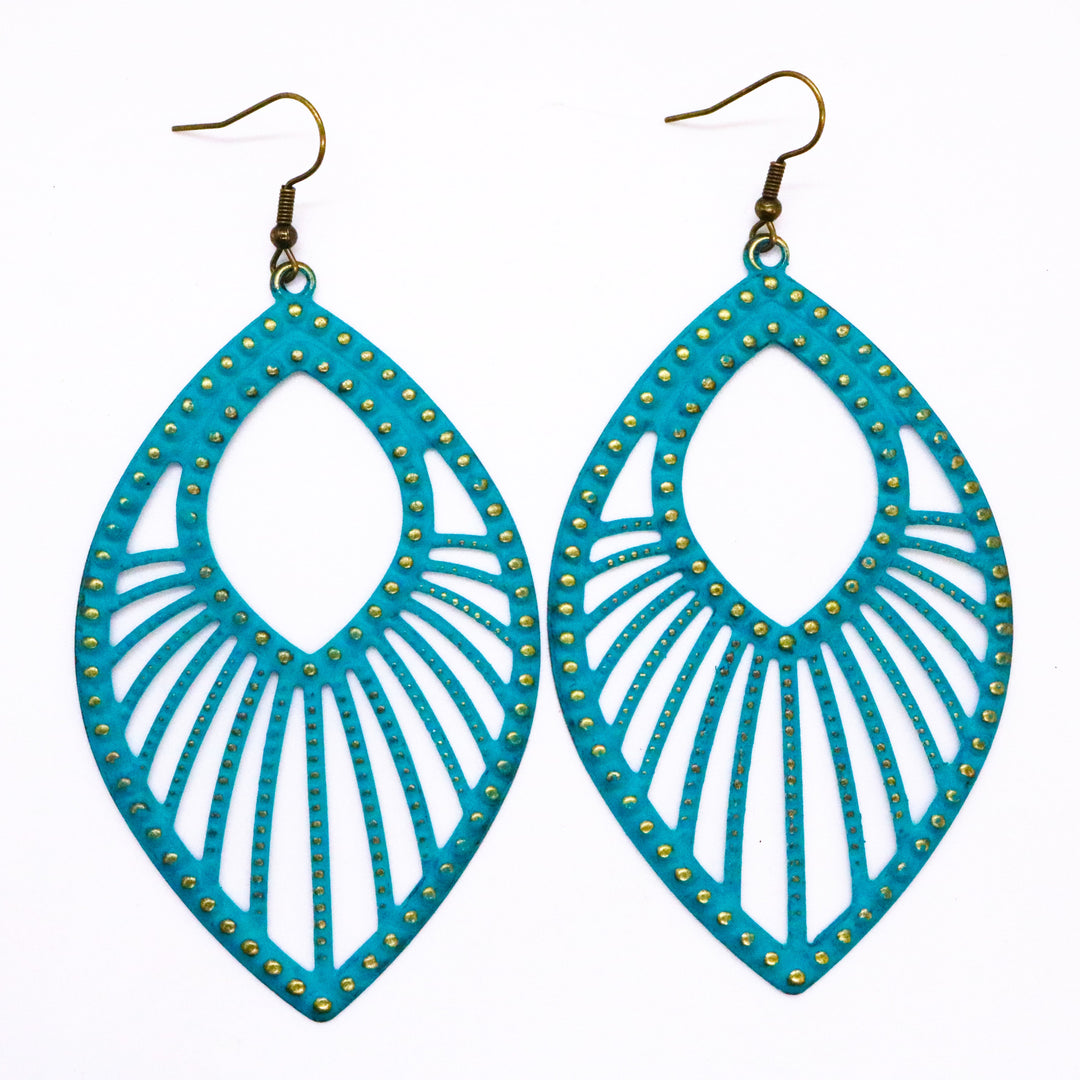 Large studded filigree charms with sweeping arcs hand-painted aqua. On 1" bronze ear hooks. 3 3/4" long. Art deco design.