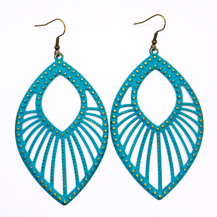 Large studded filigree charms with sweeping arcs hand-painted aqua. On 1" bronze ear hooks. 3 3/4" long. Art deco design.