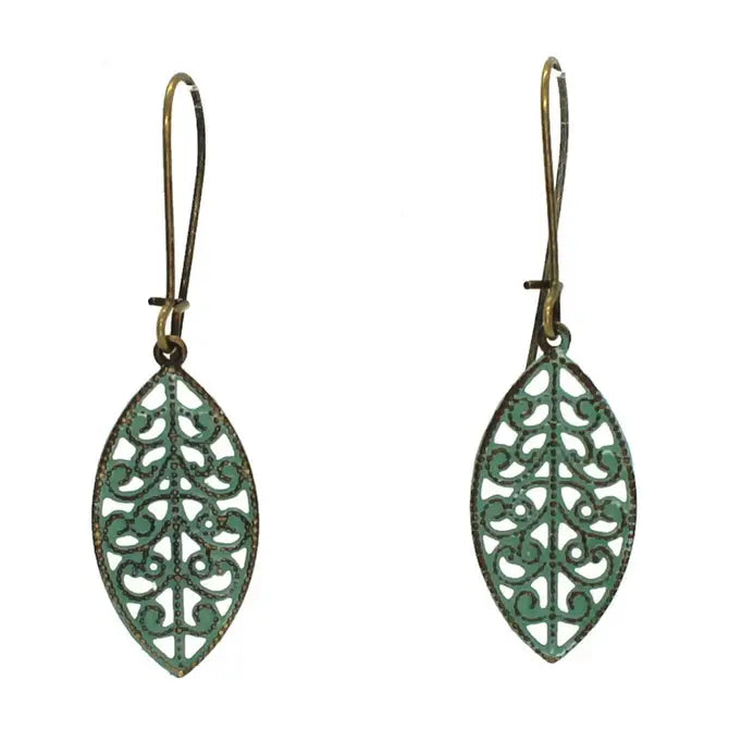 Hand-painted delicate leaf earrings with a 2 7/8” drop, lightweight and hypoallergenic.