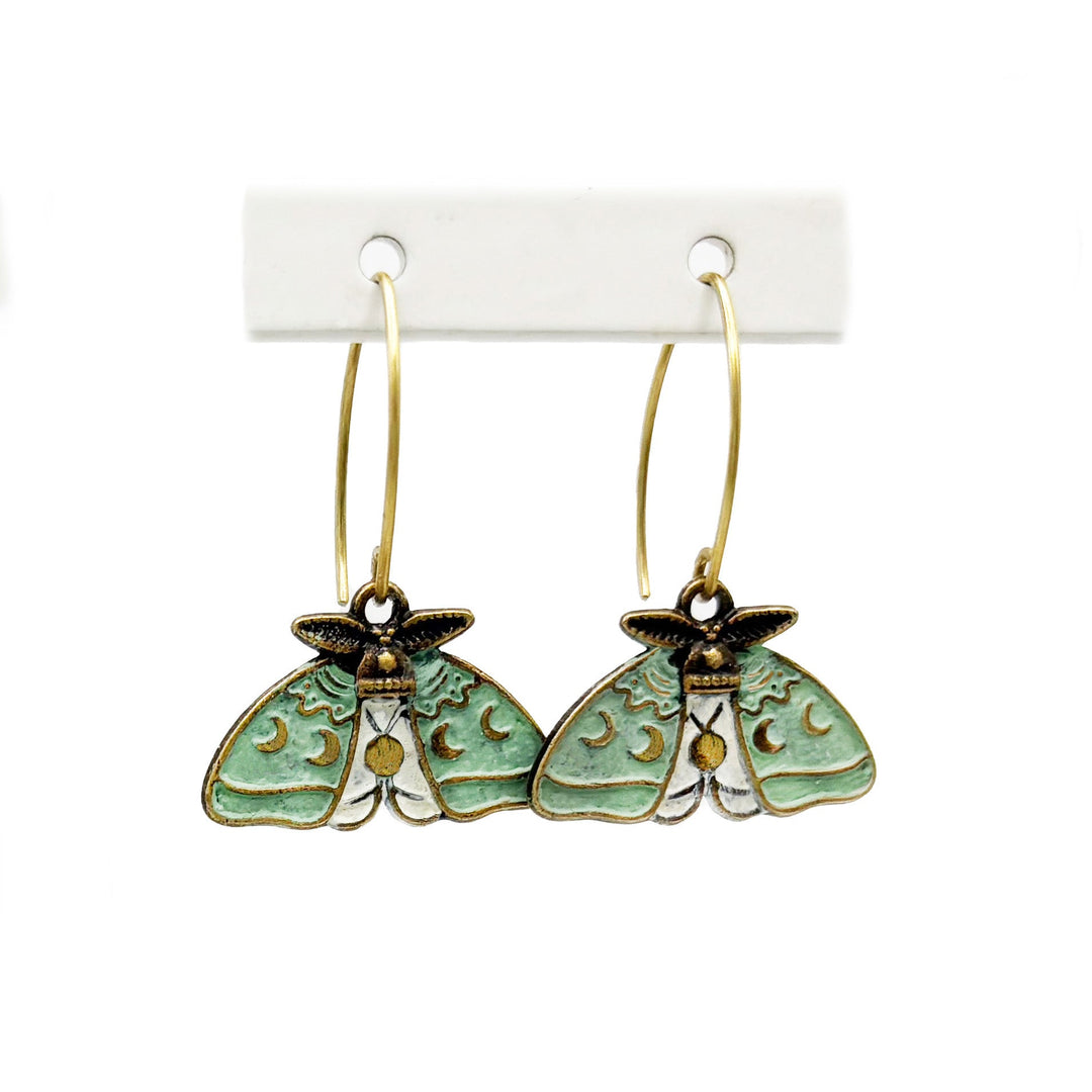 Luna moth earrings, hand-painted, 1-inch charms, hypoallergenic, artisan-crafted in Denver, CO.