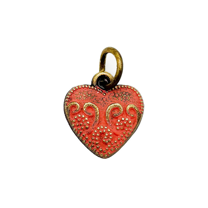 Vintage Heart Charm with delicate details, 1/2” long, available as a charm on card, 7” brass hook bangle bracelet, or 18” antique bronze ball chain necklace, hand-painted by artisans in Denver, CO, hypoallergenic, lead-free, and nickel-free.