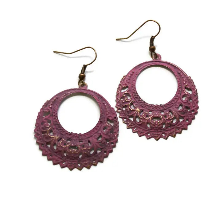 Art Deco-inspired Optimism Open Loop Earrings, hand-painted, lightweight, hypoallergenic, 2.5-inch drop, 1.5-inch wide, crafted in Denver, CO.