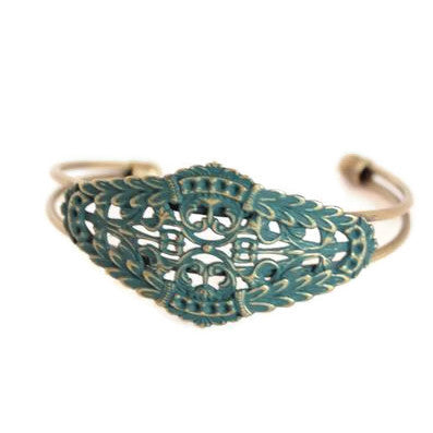 Greek goddess inspired filigree charm on cuff bracelet Antique bronze hand-painted teal. Bohemian, laurel leaf style.