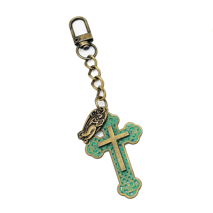Hand-painted bag charm and keychain with decorative cross and guardian angel, 4 3/4” length, hypoallergenic, artisan-made in Denver, CO.
