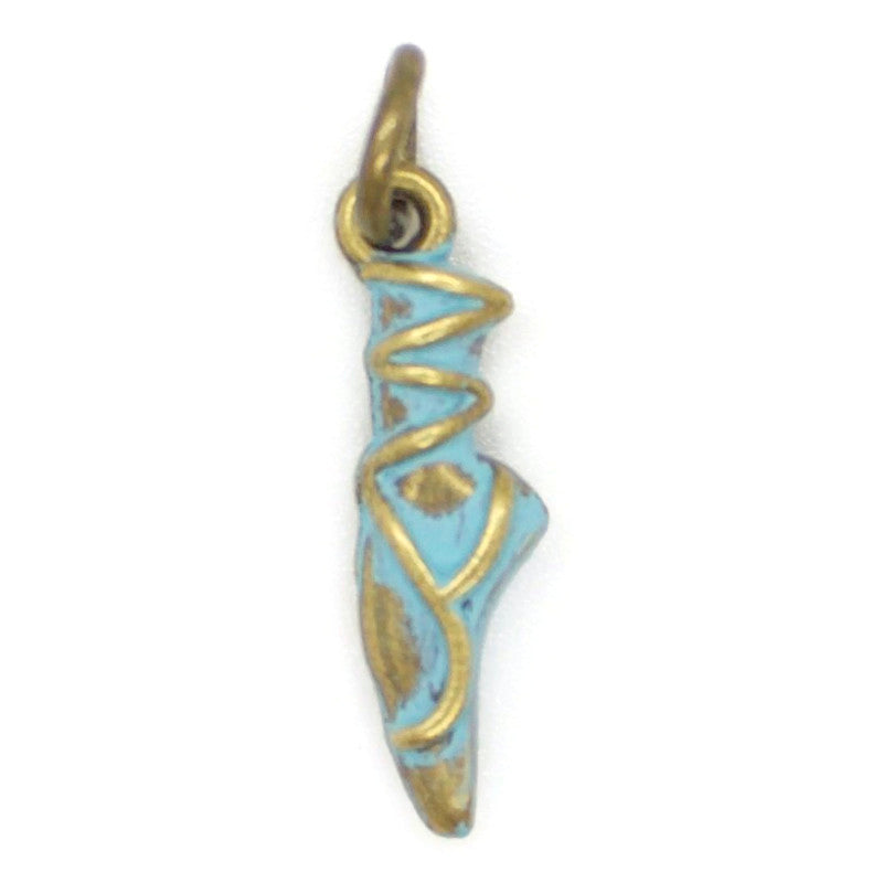 Antique bronze ballet slipper charm light blue and burnished to shiny gold. Charms come with attached jump ring.