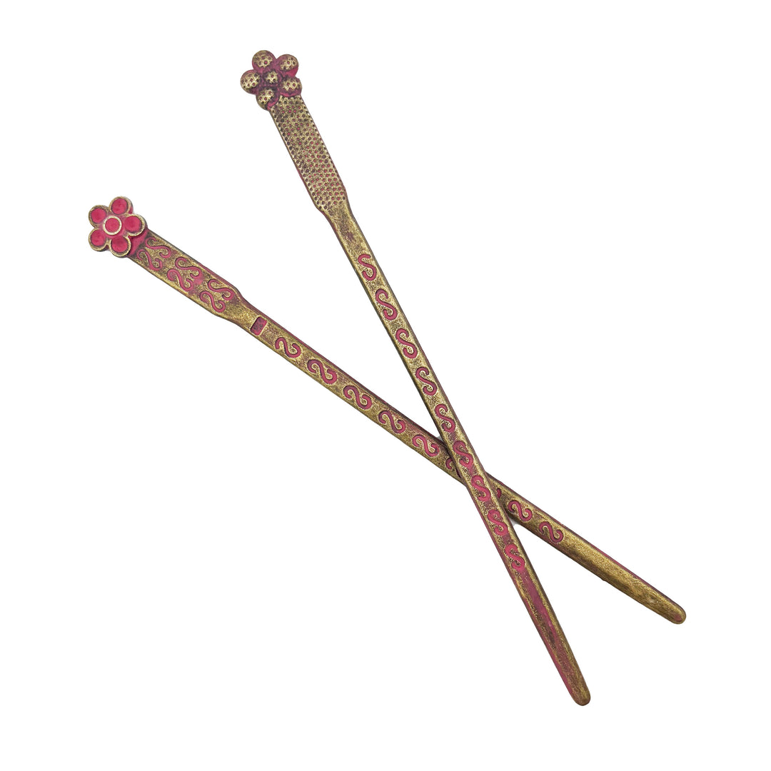 Bronze hair stick, hand-painted, shiny gold, 6" long, 1/4" wide, hypoallergenic, lead-free, nickel-free, artisan-made in Denver, CO.