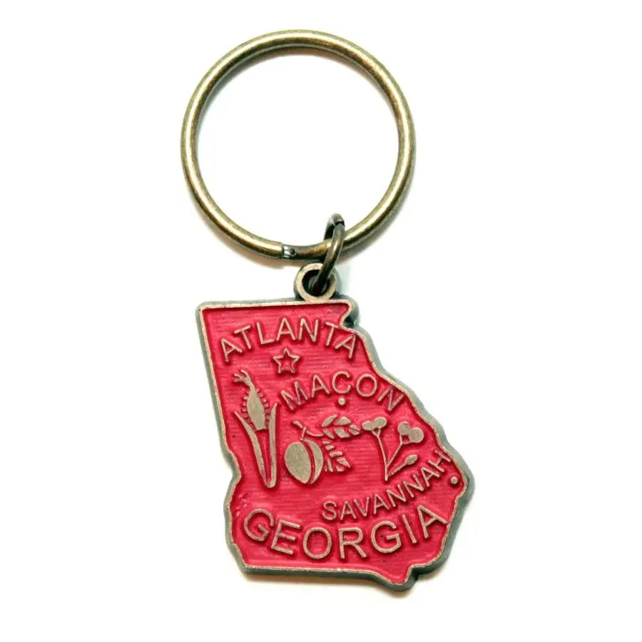 Vintage map of Georgia with a peach charm, hand-painted by artisans in Denver, CO, on a 1” bronze keychain, hypoallergenic and lead-free.