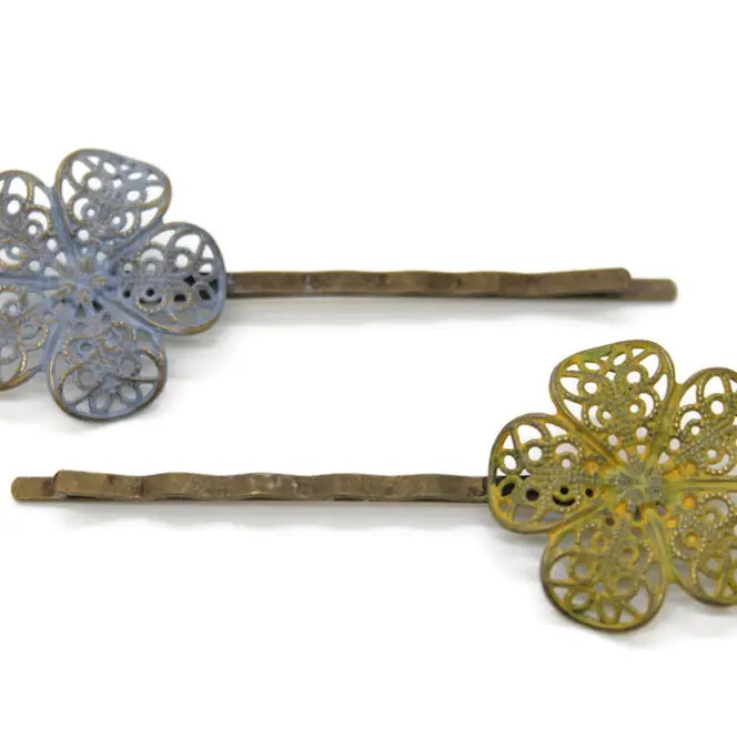 Posie Filigree Flower Bobby Pins with hand-painted delicate filigree flowers, 1” charms on 2 1/4” bobby pins, hypoallergenic, lead-free, nickel-free, crafted in Denver, CO.