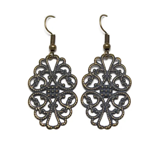 Harmony Filigree Earrings with vintage charm, delicate swirls, bright spring colors, hand-painted in Denver, 7/8” wide, 2” drop, lightweight, hypoallergenic, lead-free, nickel-free.