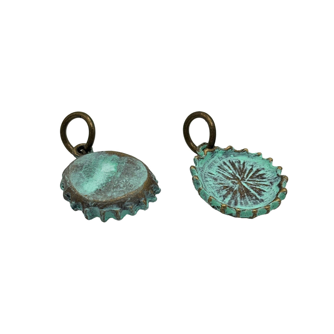 Antique bronze bottle cap charm is painted yellow and burnished until shiny. Charm comes with jump ring. Vintage style.