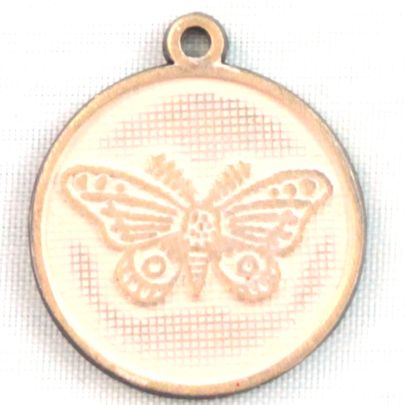 Antique bronze charm painted mint cream and burnished to shiny gold. One side depicts a whimsical moth. Reverse side says "Always find the light".