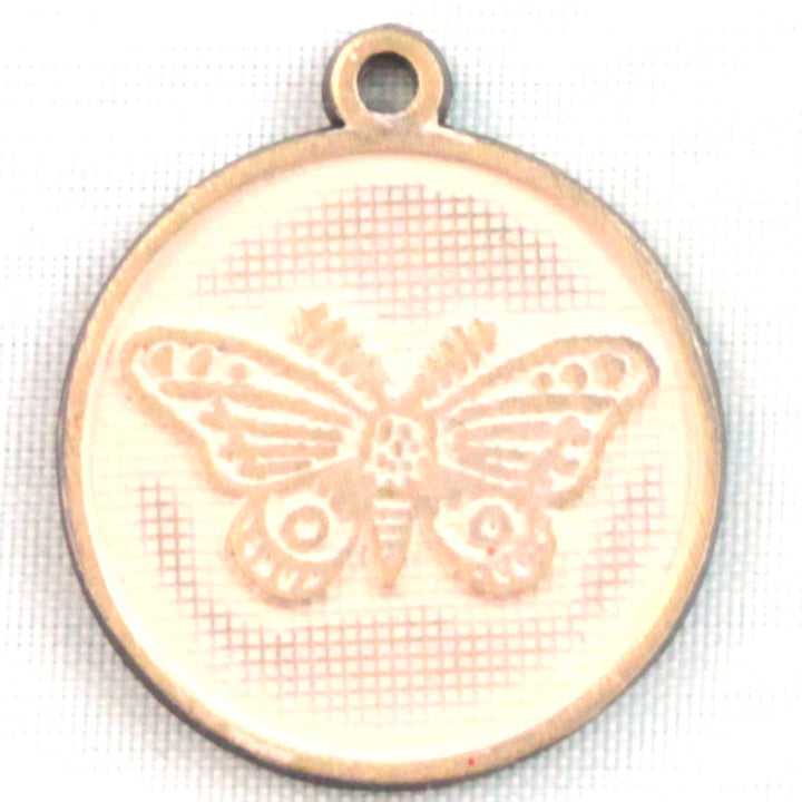 Antique bronze charm painted mint cream and burnished to shiny gold. One side depicts a whimsical moth. Reverse side says "Always find the light".