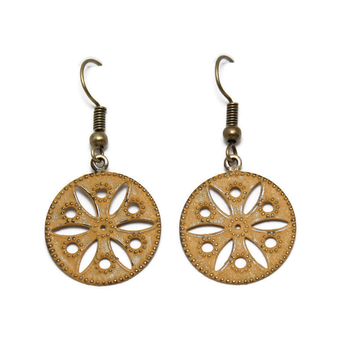 Small round antique bronze charms hand-painted yellow and burnished. The pattern is remiscent of a vintage quilt. Attached to 1" ear wires. Total length is 1 1/2"