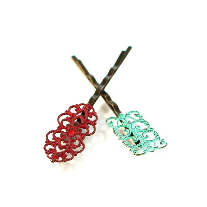 Dainty Bobby Pins with Filigree Design, Hand-Painted, 1.5" x 0.625" Charms, 2.25" Long, Hypoallergenic, Set of 2