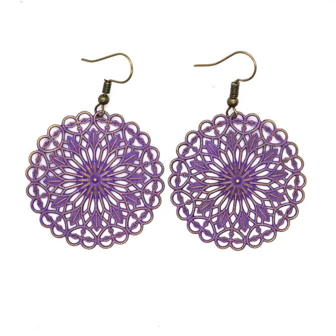 Delicate filigree earrings with hand-painted charms, 1 ½” wide, 2 1/4” drop, lightweight, hypoallergenic, lead-free, nickel-free.