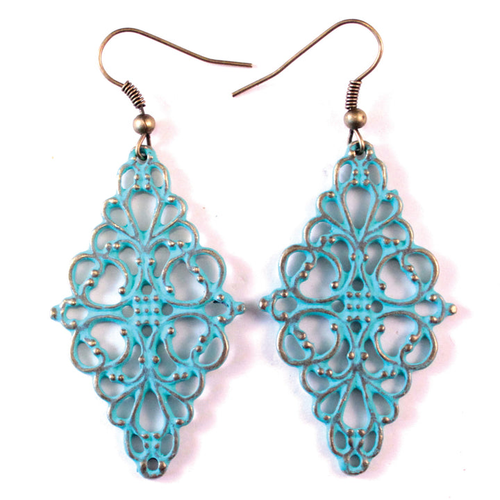 Diamond-shaped Western Filigree Earrings with hand-painted swirls, 2 3/4” drop, lightweight, hypoallergenic, crafted by artisans in Denver, CO.