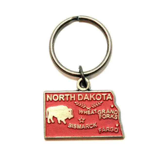 North Dakota state-shaped keychain with bison and wheat design, 1 3/8” charm on 1” bronze keychain, hand-painted, hypoallergenic.