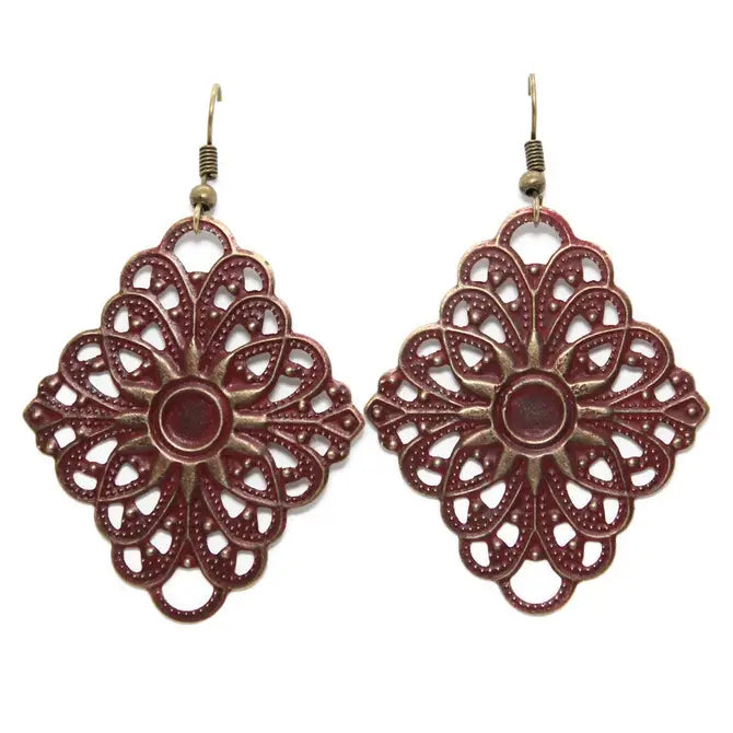 Shine Filigree Earrings with radiant filigree swirls and a flaming sun design, 2 3/4” drop, hand-painted in Denver, lightweight, hypoallergenic.