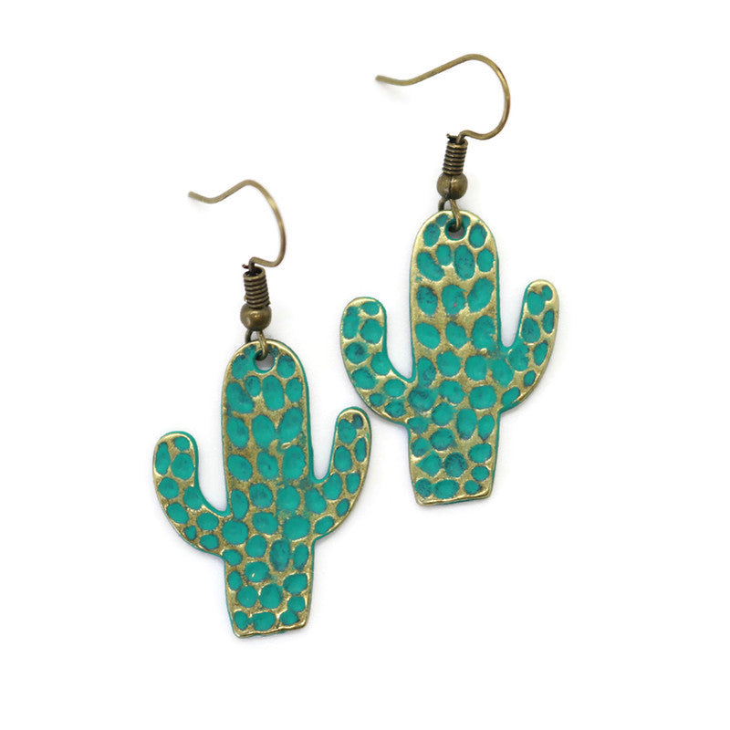 Cactus Horizon Statement Earrings with hand-painted saguaro cacti, 2" long, lightweight, hypoallergenic, crafted by artisans in Denver.