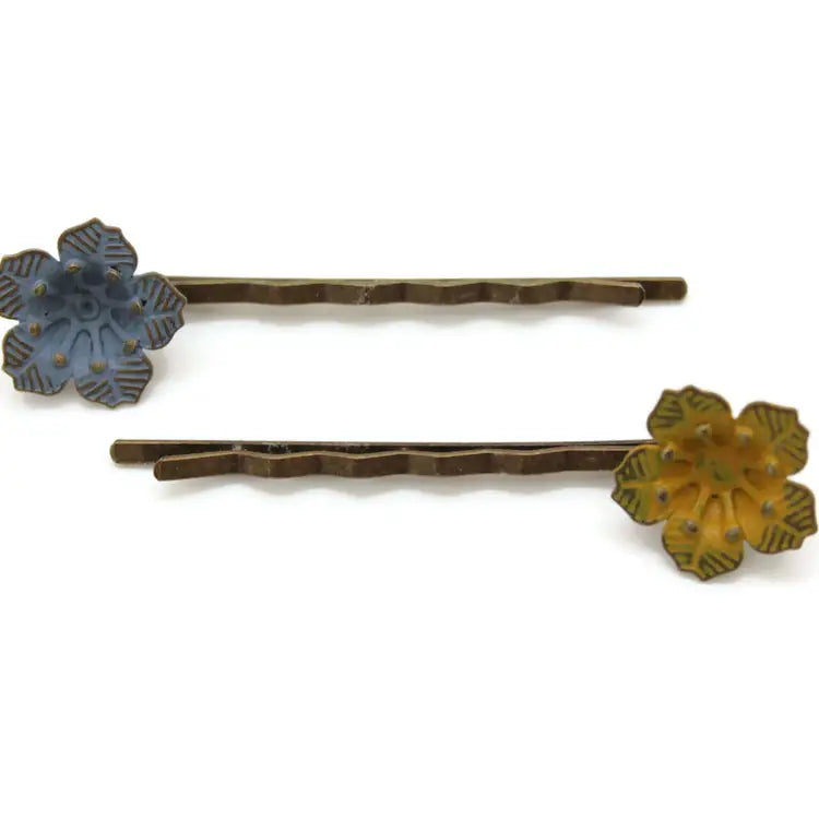 Flower Power Bobby Pin Duo - Hand-painted, lightweight, hypoallergenic, 3/4” flower charms on 2 1/4” bobby pins.