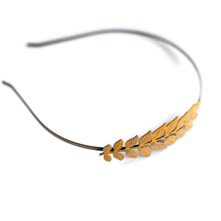 Antique bronze heaband adorned with greek-inspired laurel charm. Hand-painted mustard yellow. Bohemian headband.