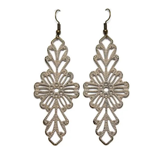 Resilient Filigree Tribal Earrings with geometric shapes, 3.5-inch drop, 1.625-inch width, hand-painted, lightweight, hypoallergenic.