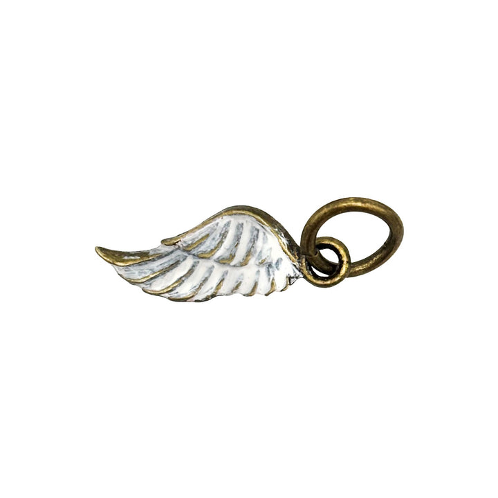 Antique bronze wing charm painted white and burnished to shiny gold. Charms come with attached jump ring.