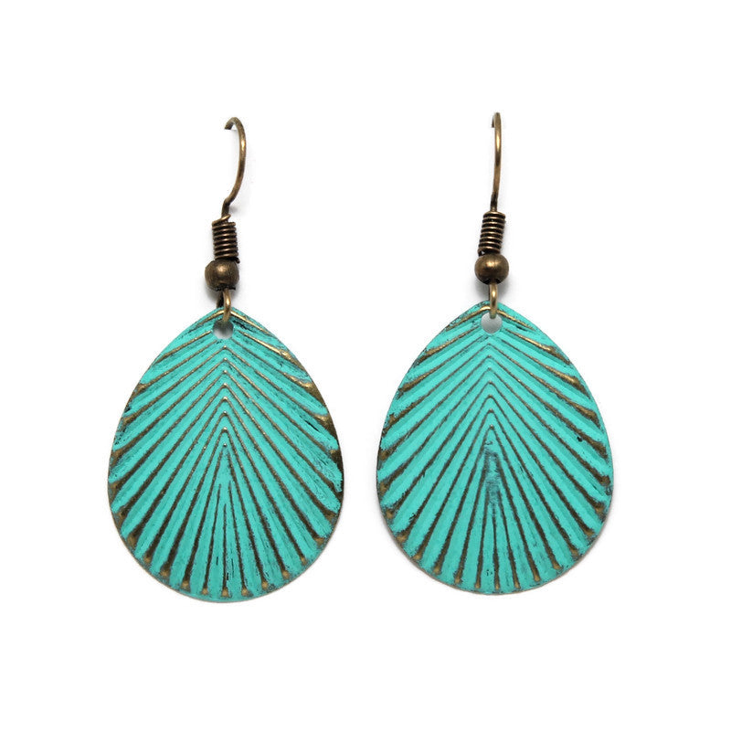 Antique bronze tear-drop lightweight charms on 1" ear wires. Hand-painted turquoise with a disco-inspired 70s graphic detail.