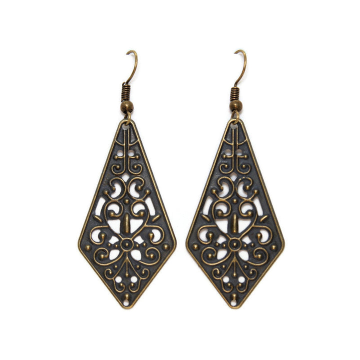 Pendulum-shaped lightweight charms adorned with vintage flourishes. Hand-painted dark gray and burnished to shiny gold. On 1" ear wires.