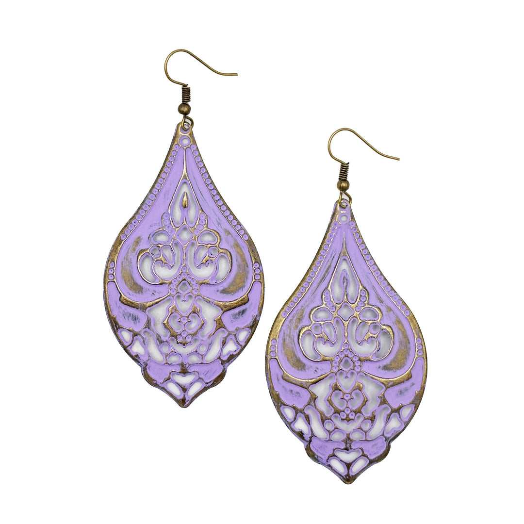 Vindicate Statement Earrings with Victorian-style shields, 3.5-inch drop, hand-painted, lightweight, hypoallergenic.