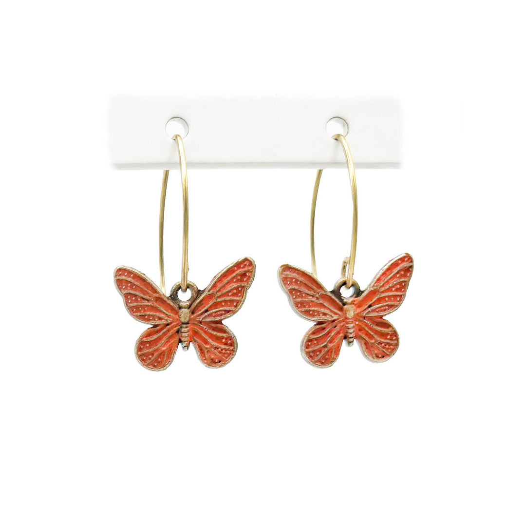Butterfly earrings, hand-painted, contrasting colors, symbol of rebirth and hope, artisan-made in Denver, CO, 5/8” charms on 1” ear wires, hypoallergenic, lead-free, nickel-free.