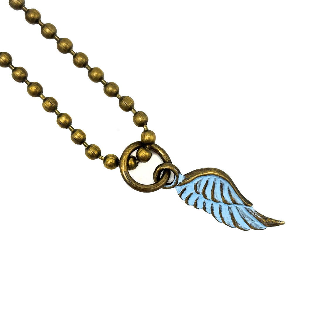 Antique bronze wing charm painted light blue and burnished to shiny gold. Charms come with attached jump ring. Shown on 18" antique gold ball chain.