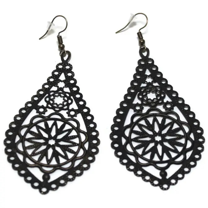 Large Filigree Earrings with Graphic Geometry, Hand-Painted, Lightweight, Hypoallergenic, 3 3/4” Drop, 2 ¾” Wide