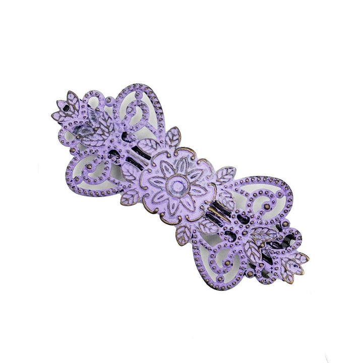 Antique bronze filigree barrette with a flower, vines and leaves. Hand-painted lavender purple and burnished to shiny gold.