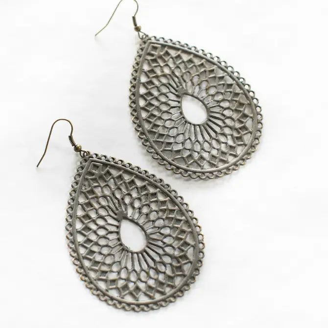 Voyage Filigree Earrings with woven teardrop design, 3" drop, hand-painted, lightweight, hypoallergenic.