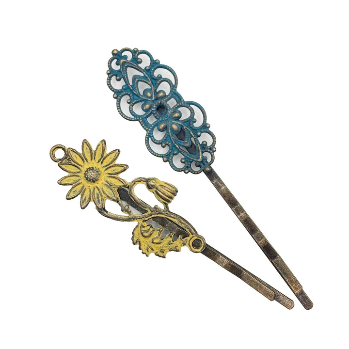 Blooming flower and filigree charm bobby pins, hand-painted, 1” charms on 2 1/4” pins, hypoallergenic, lead-free, nickel-free.