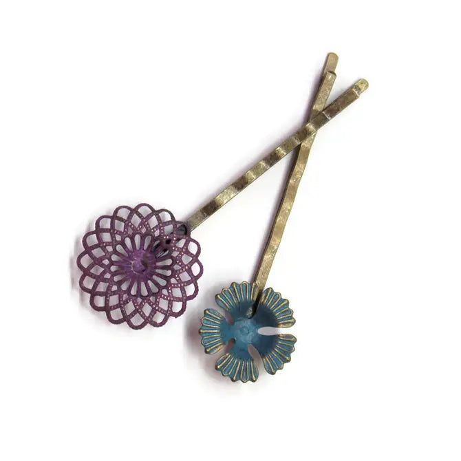 Wallflowers Mismatched Filigree Bobby Pins with Hand-Painted Delicate Flowers, Hypoallergenic, 1” Charms on 2 1/4” Pins