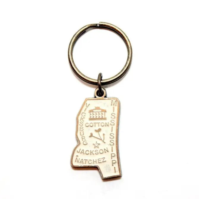 Mississippi-shaped keychain with hand-painted charm, 1.5" long, on a 1" bronze keychain, hypoallergenic.