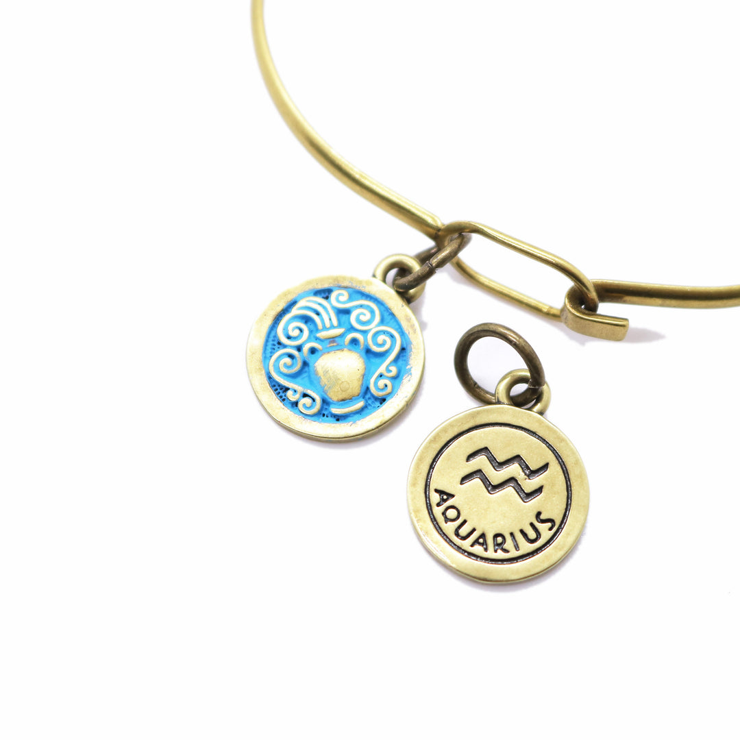 Brass-tone Aquarius zodiac charm painted black. One side depicts an urn overflowing with water. Reverse side shows the water sign and says "AQUARIUS". Shown on a brass hook bracelet.