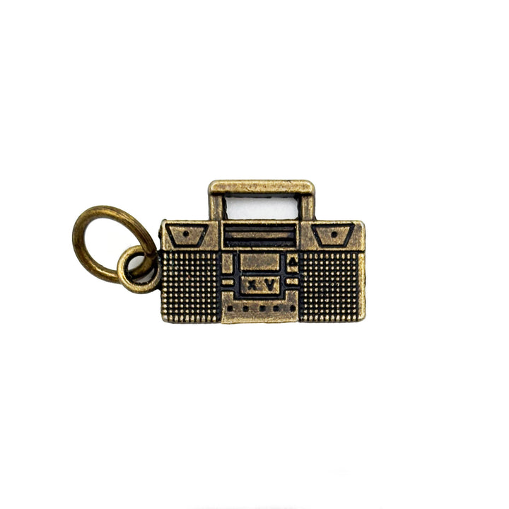Retro boombox charm painted black and burnished to bright gold. Charms come on a jump ring.