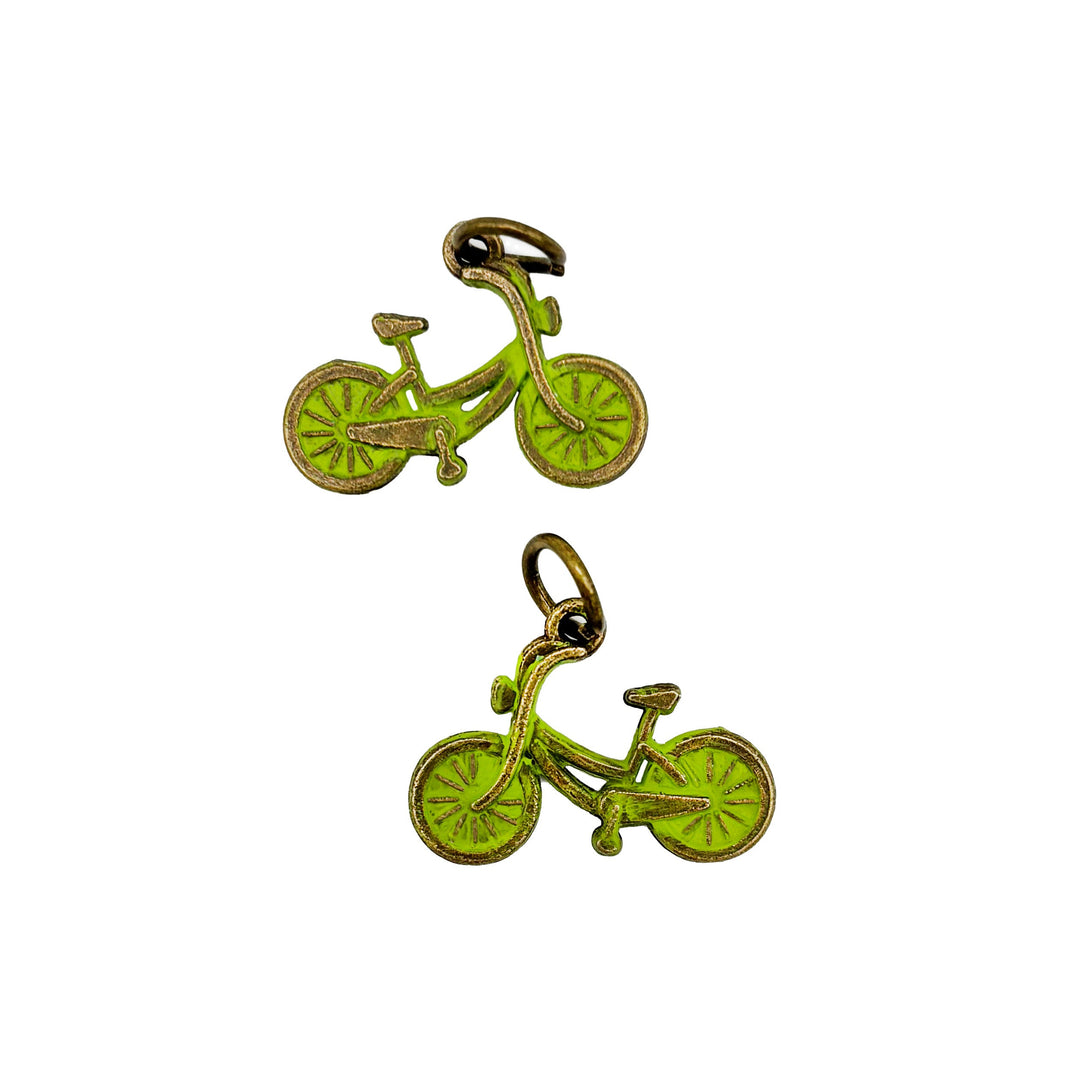 Antique bronze bicycle bike charm hand painted bright green and burnished. Charms come with jump rings.