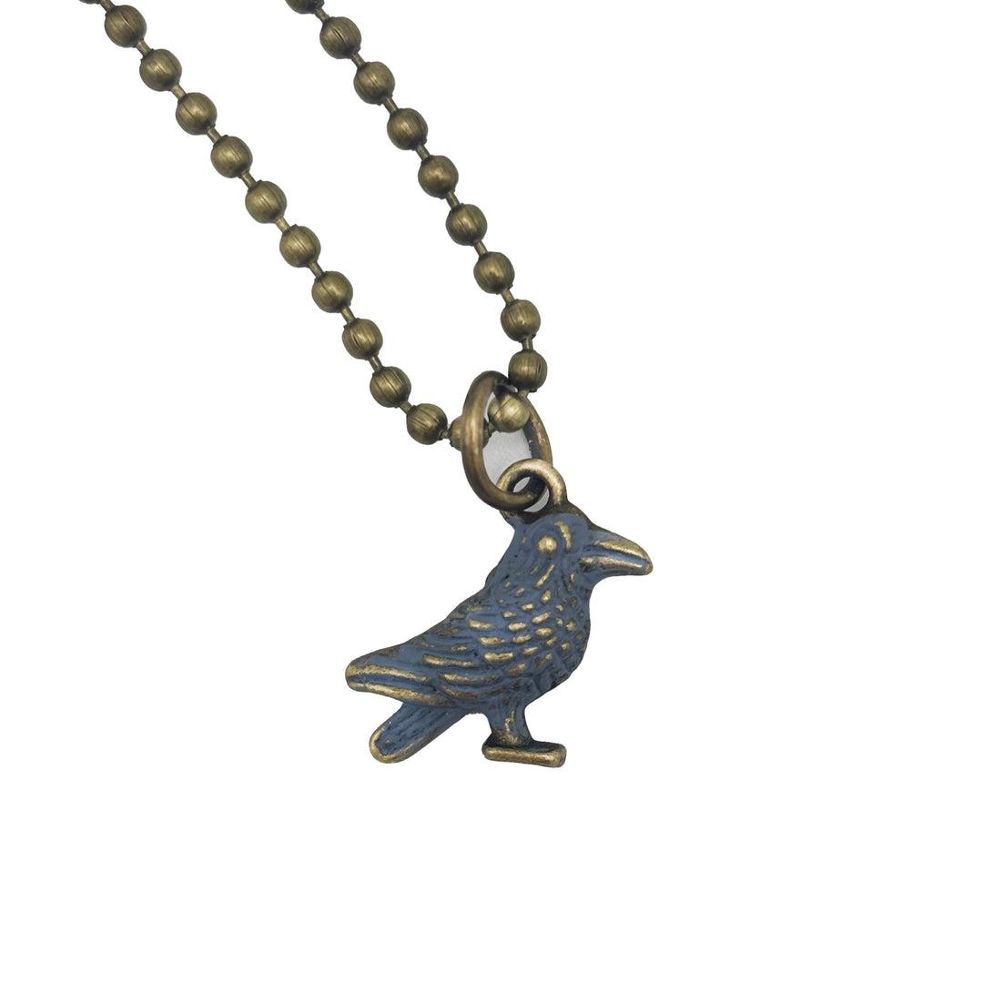 Antique bronze crow raven charm hand-painted black and burnished. Shown on antique brass 18" ball chain.