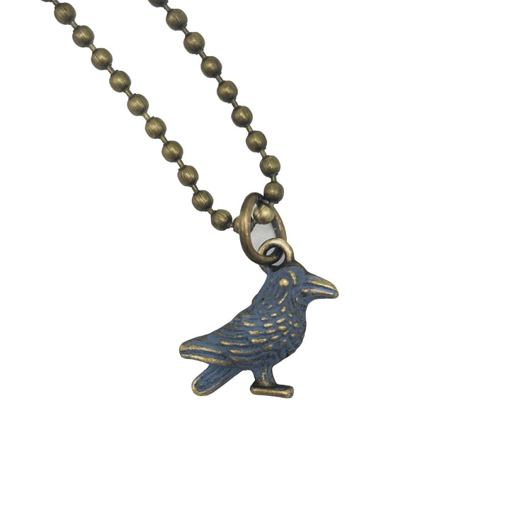 Antique bronze crow raven charm hand-painted black and burnished. Shown on antique brass 18" ball chain.