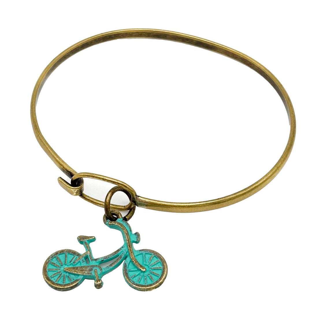 Antique bronze bicycle bike charm hand painted mustard yellow and burnished. Shown on 18" antique bronze ball chain.