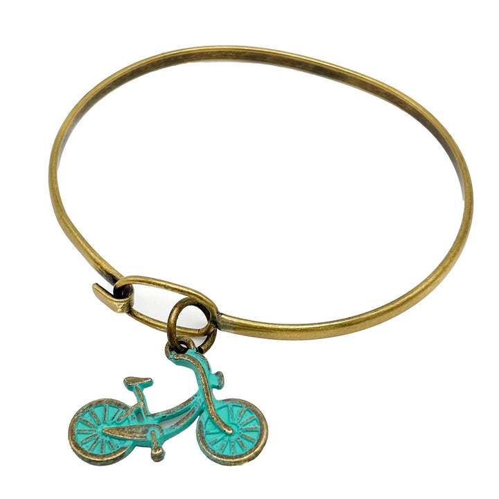 Antique bronze bicycle bike charm hand painted mustard yellow and burnished. Shown on 18" antique bronze ball chain.