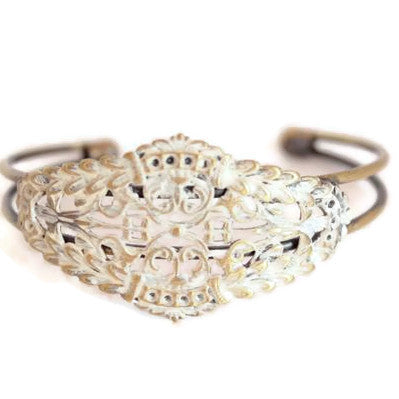 Greek goddess inspired filigree charm on cuff bracelet Antique bronze hand-painted cream. Bohemian, laurel leaf style.