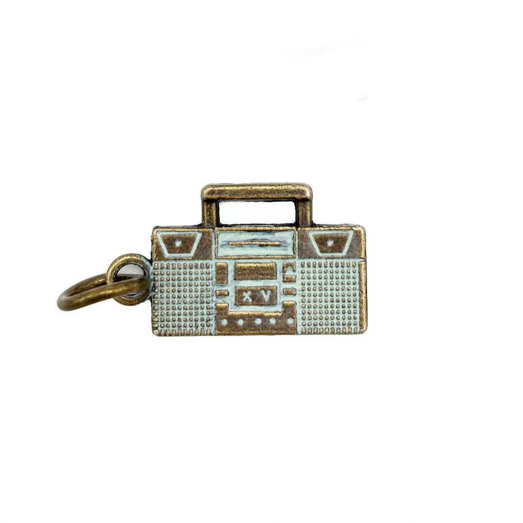 Retro boombox charm painted light mint and burnished to bright gold. Charms come on a jump ring.