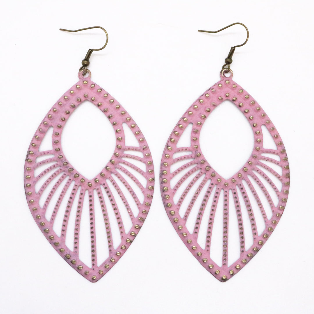 Large studded filigree charms with sweeping arcs hand-painted pink. On 1" bronze ear hooks. 3 3/4" long. Art deco design.