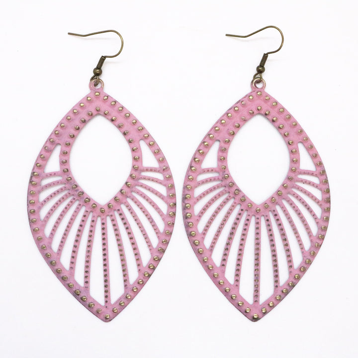 Large studded filigree charms with sweeping arcs hand-painted pink. On 1" bronze ear hooks. 3 3/4" long. Art deco design.