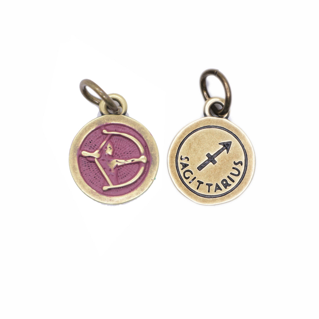 Sagittarius charm with archer and zodiac symbol, hand-painted, hypoallergenic, available as charm on card, bracelet, or necklace.